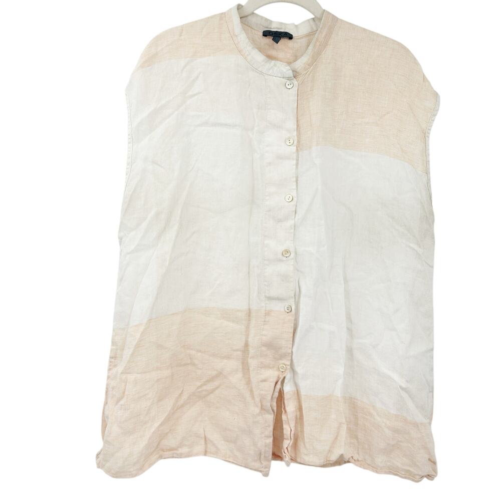 Oska Womens Lagenlook Relaxed Beachy‎ Linen Button Up Sleeveless Shirt Top 8/10